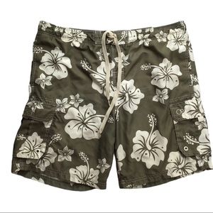 OP Swim Trunks Olive Green Ivory Floral Board Shorts Men’s L 36 - 38